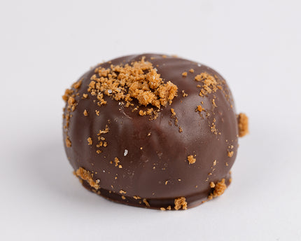 Loada Balls Chocolate Biscoff protein ball up close on a white background.