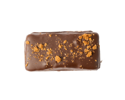 A single Loada Balls caramelised crumble protein bar close up product render on a white background.