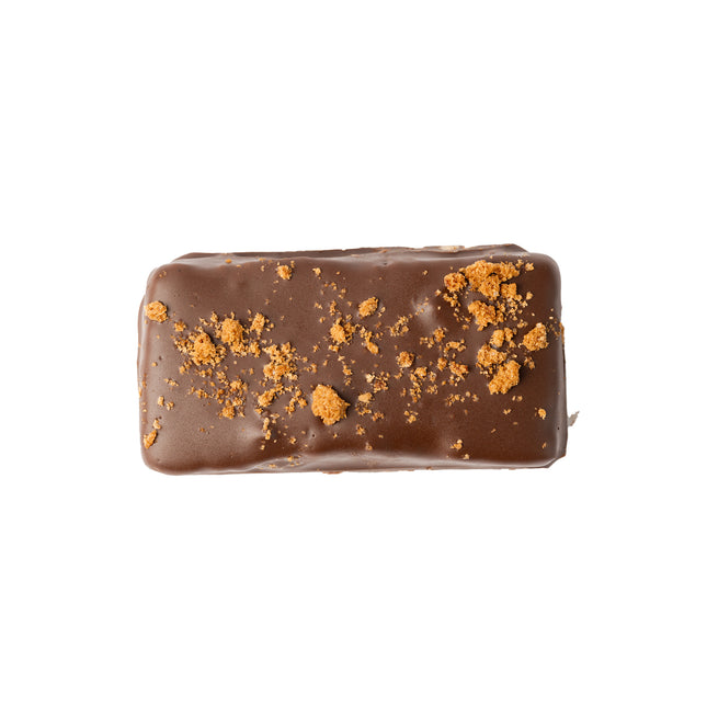 A single Loada Balls caramelised crumble protein bar close up product render on a white background.