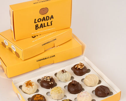 Yellow box of Loada Balls mini protein balls bundle with assorted flaours.