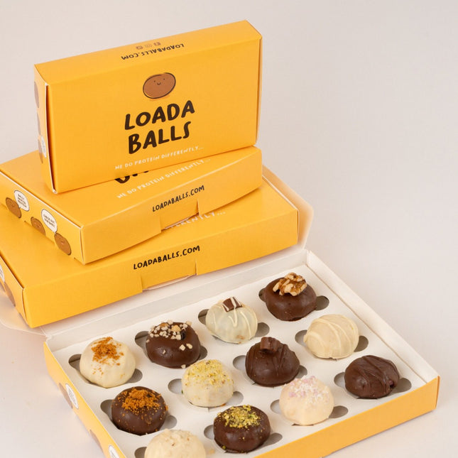 Yellow box of Loada Balls mini protein balls bundle with assorted flaours.