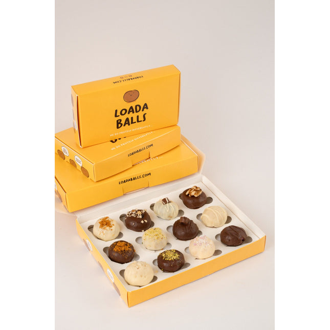 Yellow box of Loada Balls mini protein balls bundle with assorted flaours.