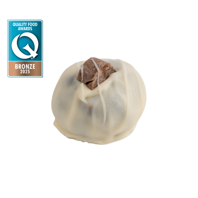 A close up product image of the Loada Balls White Caramel ball withe the bronze UK Quality Food Awards logo 2025