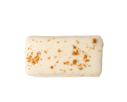A white caramelised crumble protein bar as a close up product render on a white background.