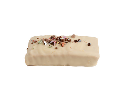 Loada Balls White Peanut Cruch Protein bar close up with a white background.