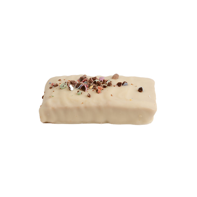 Loada Balls White Peanut Cruch Protein bar close up with a white background.